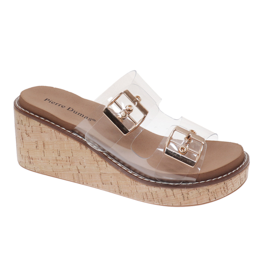 The Sonda Clear Straps Slide Wedge Sandal by OLEM SHOE CORP features a cork platform, tan footbed, and clear Lucite straps with gold buckles for classic style.