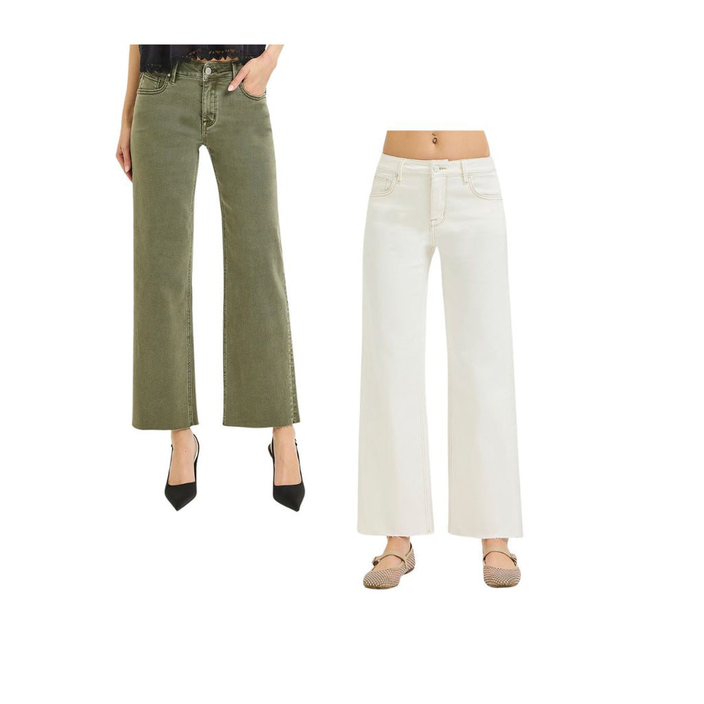 Two women model Fashiongo Tummy Control Mid Rise Ankle Straight Raw Hew Pants, one in olive green with black heels, the other in white with beige flats, against a white background.