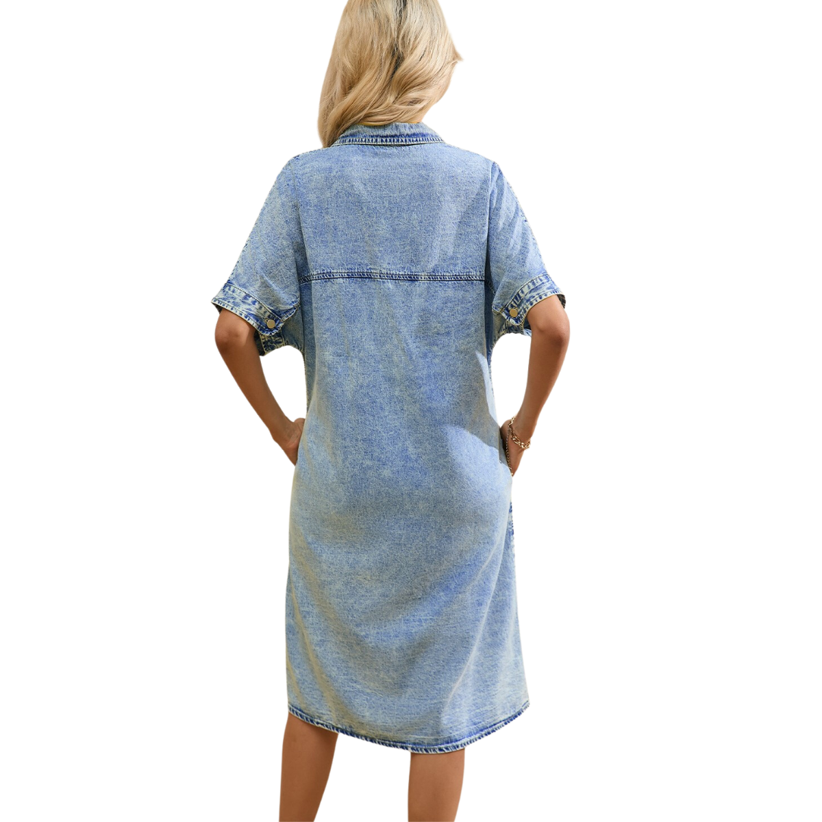 A person with long blonde hair, seen from the back, wearing a relaxed and casual, knee-length light blue Acid Wash Denim Short Sleeve Shirt Dress by FASHION GO.