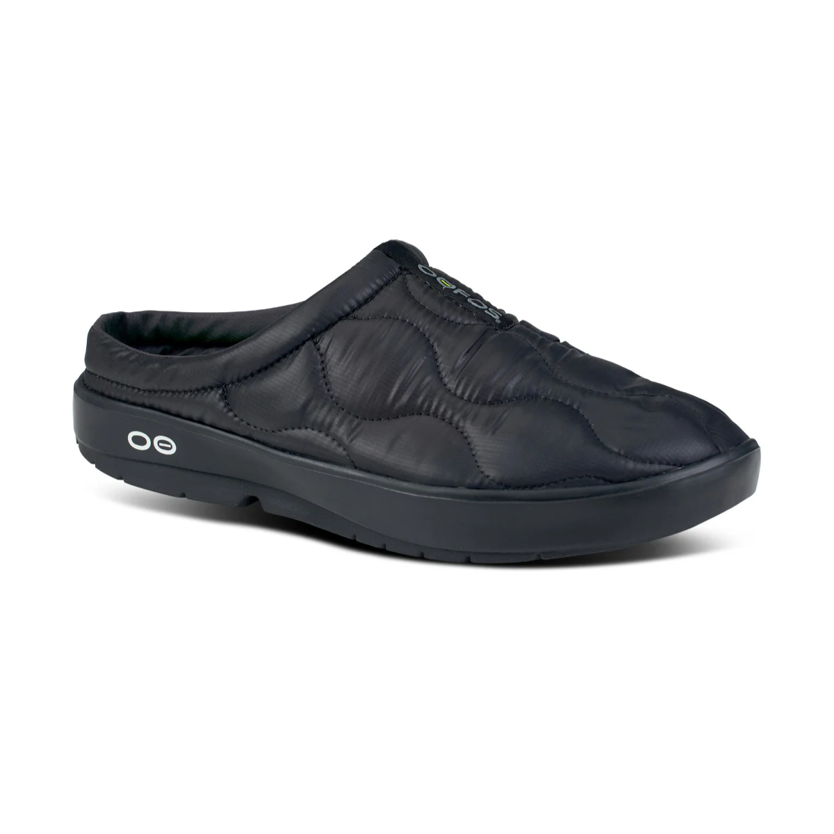 The OOFOS LLC OOcoozie Thermo Mule is a black slip-on mule with a quilted upper, cushioned sole, Primaloft insulation, and low heel, displayed against a white background. Main image