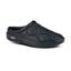 The OOFOS LLC OOcoozie Thermo Mule is a black slip-on mule with a quilted upper, cushioned sole, Primaloft insulation, and low heel, displayed against a white background.