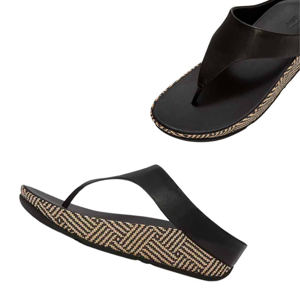 FITFLOP USA LLC's Lulu Lux Graphic-Weave Leather Toe-Post Sandals in black, featuring ergonomic wedge soles with a woven geometric pattern, shown from side and top angles.