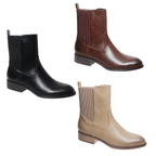 Nevada-2 Mid Shaft Ankle Boots in black, brown, and tan, featuring low block heels, ribbed side panels, and heel pull tabs.