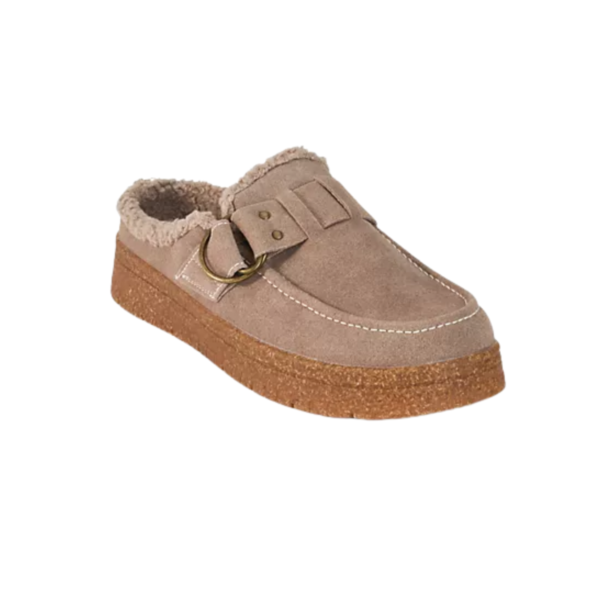 Skechers Cozy Cottage Open Back Clog in tan suede with a faux-fur lining, decorative side buckle, and textured platform sole.
