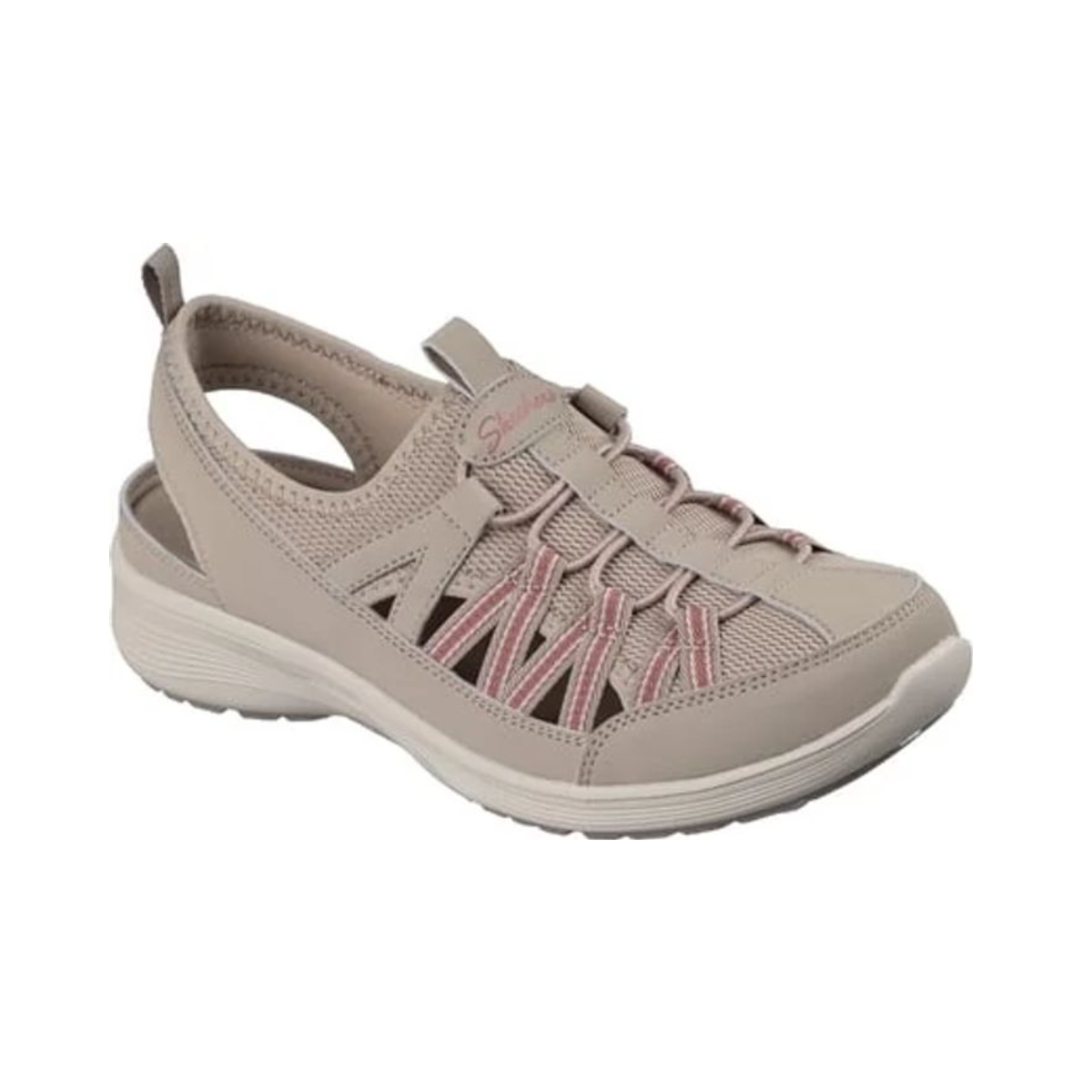 The SKECHERS Relaxed Fit: New Cool - Sweet Promise Sling Back Sneakers feature a mesh and faux leather upper, cut-out sides, pull tab at heel, and thick textured sole—ideal with summer tops for easy style.