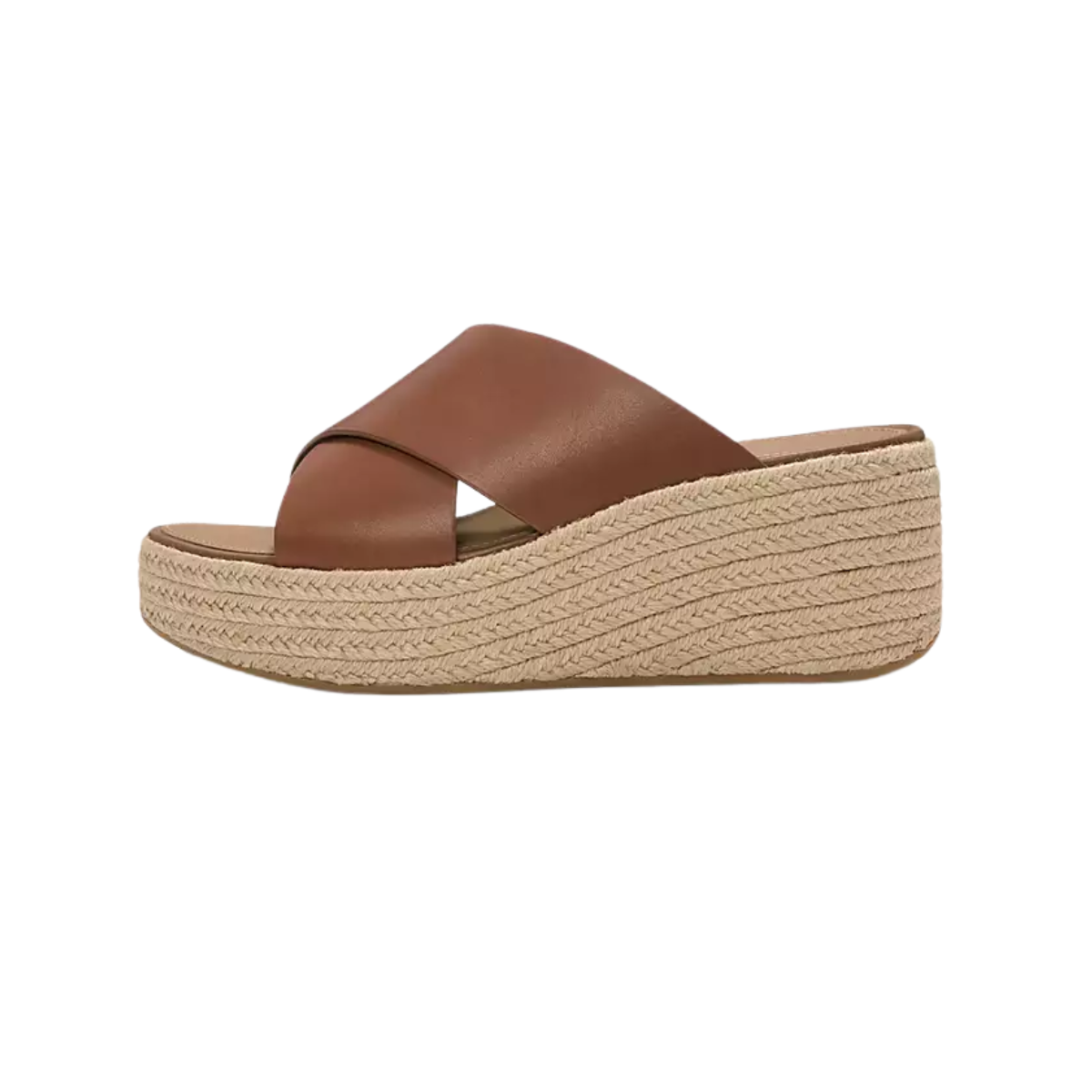 The FITFLOP USA LLC Platforms Espadrille Leather Wedge Cross Slides feature brown leather crisscross straps, a woven espadrille-style sole, comfortable heels, and arch support, shown side view on a white background.