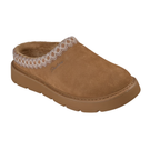 Cozy Cascade Clog in brown suede-look with a faux fur lining, patterned trim, and a thick rubber sole featuring a memory foam cushioned footbed.
