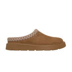 SKECHERS USA INC Cozy Cascade Clog: brown suede-look mule with a patterned knit collar, thick rubber sole, and a memory foam cushioned footbed.