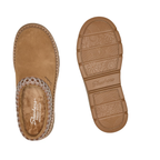 SKECHERS USA INC Cozy Cascade Clog in tan suede-look slip-on style with a patterned fabric collar, memory foam cushioned footbed, and a patterned rubber sole.