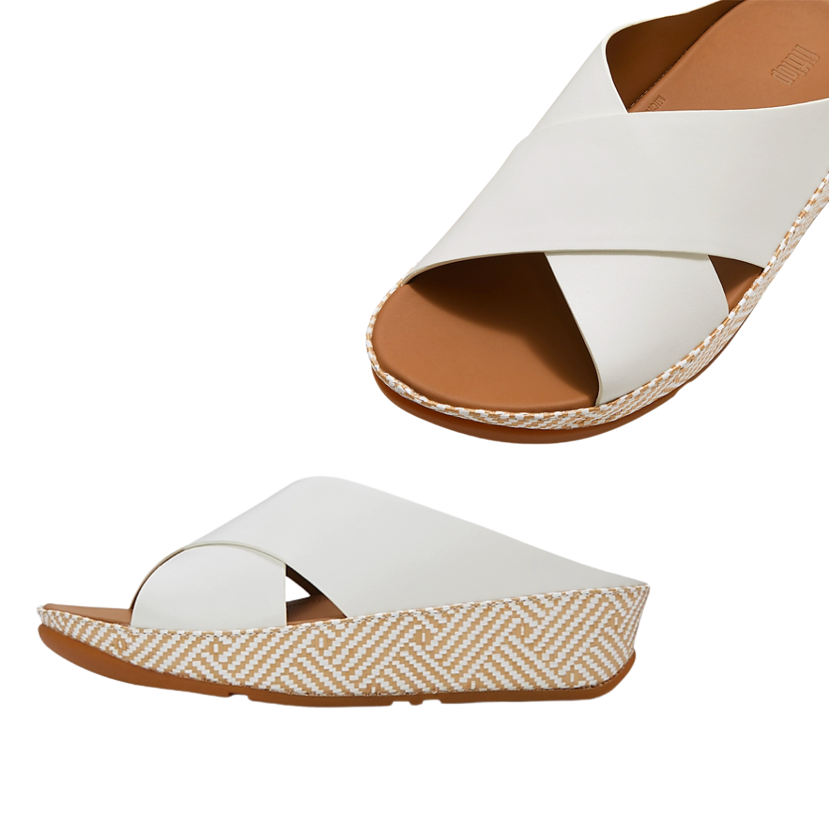 The fit flop Lulu Lux Graphic Weave Leather Cross Cross Slides are white wedge sandals featuring wide crisscross straps, a tan footbed, and a platform sole with an eye-catching white and tan geometric pattern.