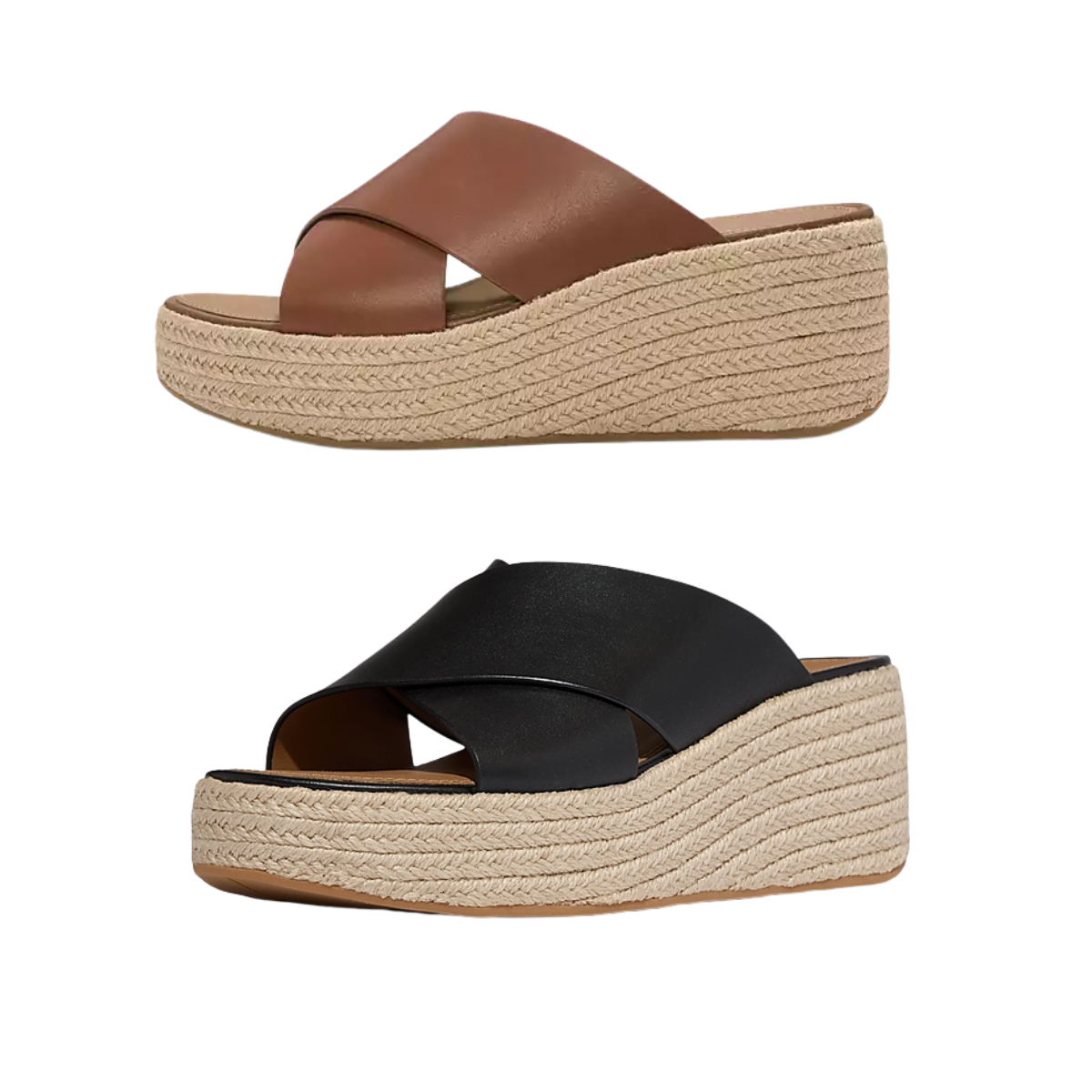 FITFLOP USA LLC Platforms Espadrille Leather Wedge Cross Slides feature crisscross leather straps in brown and black, plus woven rope platform soles for comfortable all-day wear.
