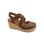 A single brown wedge sandal with crisscross ankle straps and a woven jute platform wedge, shown from a three-quarters angle on a white background.