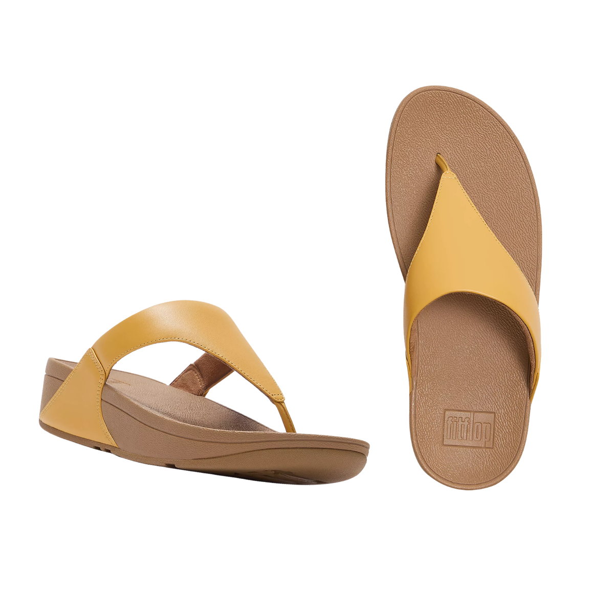 The FITFLOP USA LLC Lulu Leather Toe Post Flip Flop in Tumeric features yellow leather straps, brown soles, and an ergonomic design, displayed from side and top views against a white background.