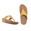 The FITFLOP USA LLC Lulu Leather Toe Post Flip Flop in Tumeric features yellow leather straps, brown soles, and an ergonomic design, displayed from side and top views against a white background.