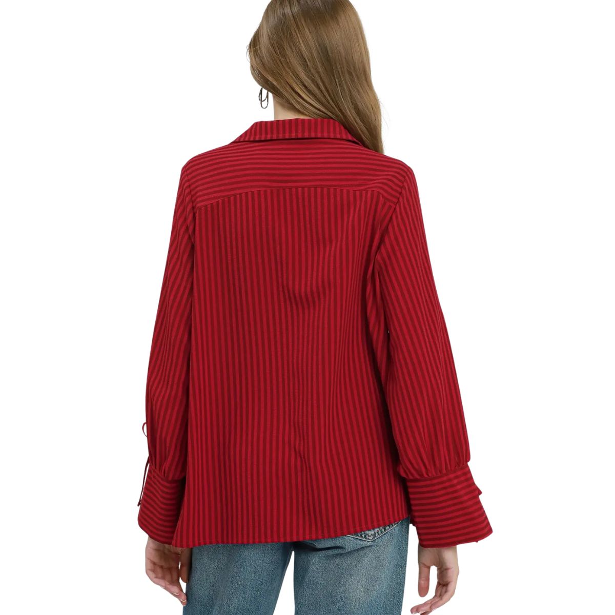 A person is shown from the back wearing blue jeans and an Umgee Striped V-Neck Collared Blouse in deep red/crimson.