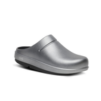 OOFOS Women's OOcloog Luxe recovery clog in Basalt silver metallic finish with closed toe, contoured footbed and lightweight slip-on design