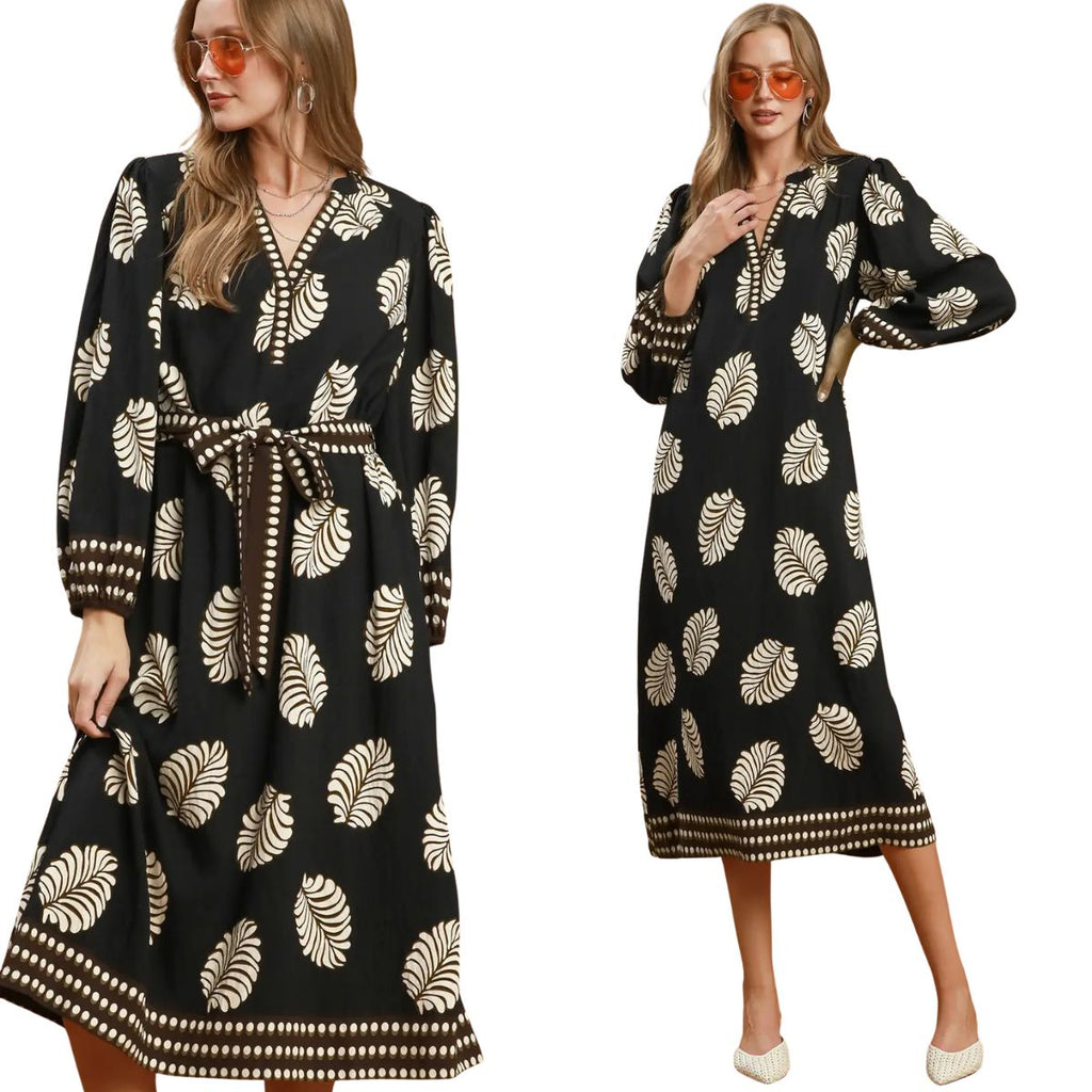 Women's Umgee black and brown mixed leaf print midi dress with contrast trim, balloon sleeves, tie waist and side pockets