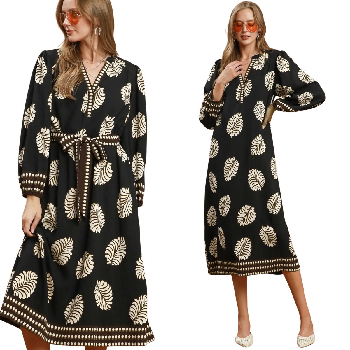 Women's Umgee black and brown mixed leaf print midi dress with contrast trim, balloon sleeves, tie waist and side pockets