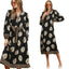 Women's Umgee black and brown mixed leaf print midi dress with contrast trim, balloon sleeves, tie waist and side pockets