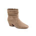 The Addicted Faux Suede Low Heel Slouch Ankle Boot by CORKY'S FOOTWEAR INC features a tan faux suede upper, low block heel, slouch shaft design, and convenient side zipper, shown against a white background.