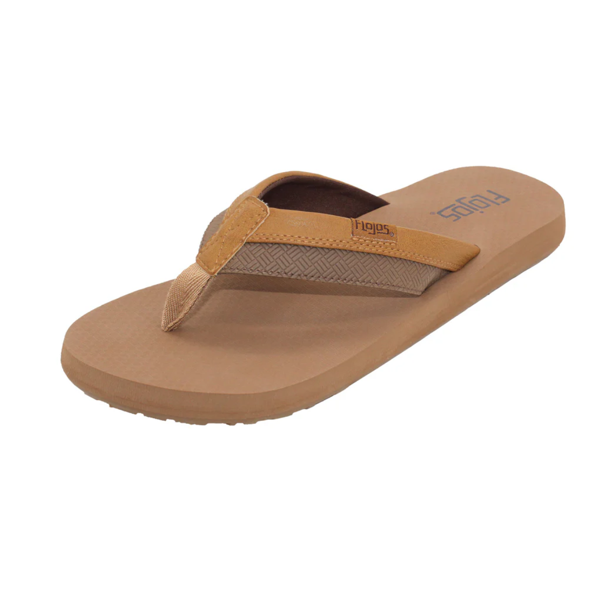 The FLOJOS Ryan Kush Men's Flip Flop features a cushioned footbed and a brown fabric strap with a subtle geometric pattern, offering comfort and style in every step.
