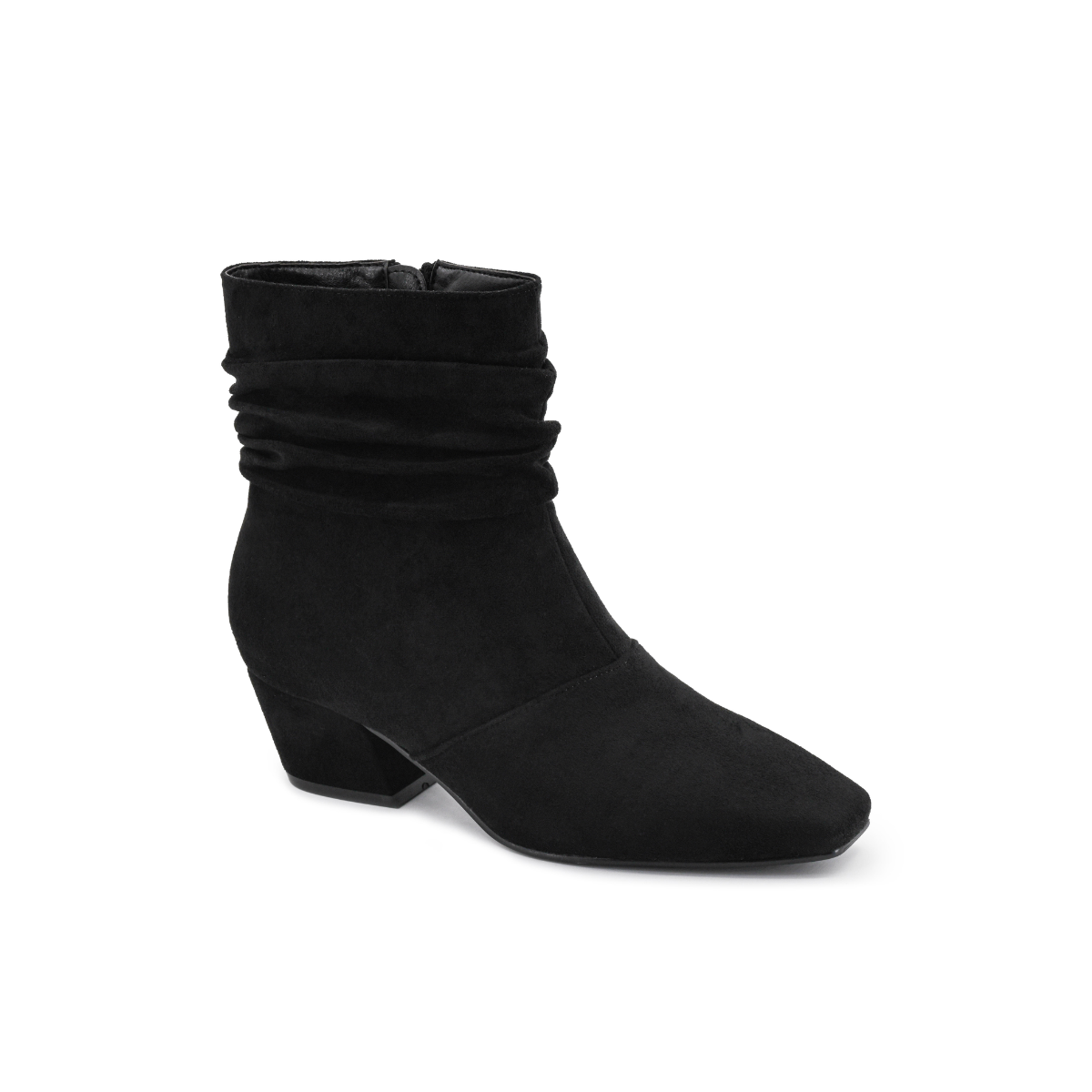 The Addicted Faux Suede Low Heel Slouch Ankle Boot by CORKY'S FOOTWEAR INC features a black faux suede upper with a ruched, slouch shaft and a low block heel, plus a side zipper detail. Shown photographed on a white background.