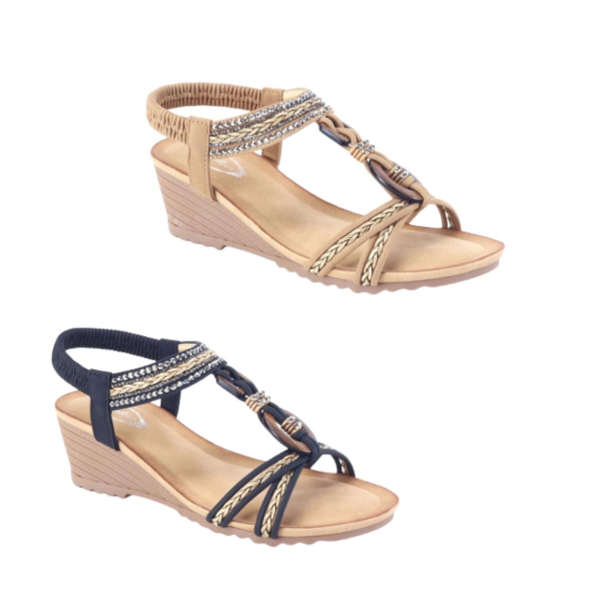 Atalina DW3706 low wedge sandal with braided straps and elastic back strap in black Main image