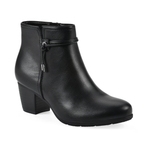 The Cliffs by White Mountain Angelo Bootie features black leather, a mid-height stacked block heel, side zipper, and a decorative ankle strap.