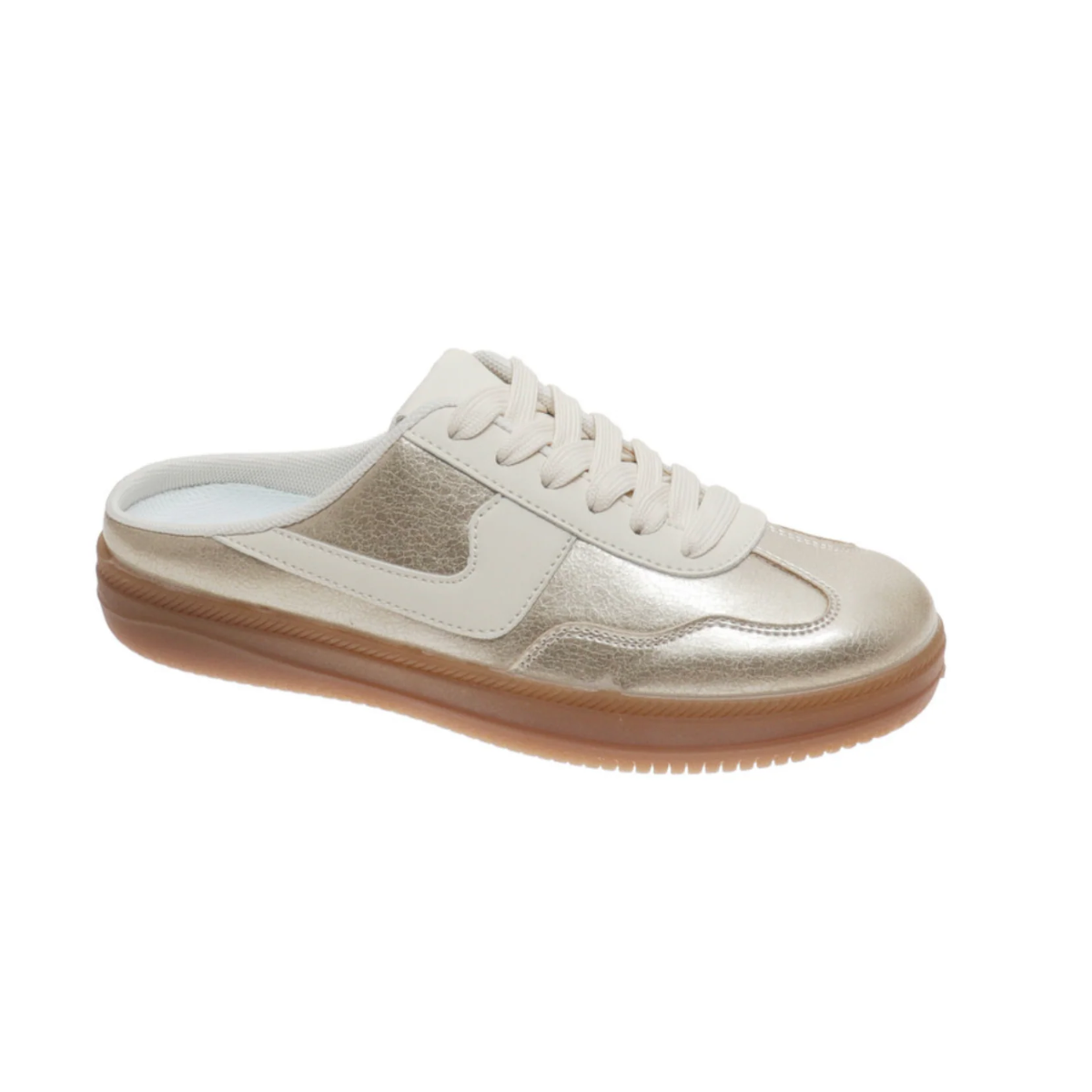 The Giana Gold Open Back Tennis Shoe by OLEM SHOE CORP features beige slip-on styling, white laces, metallic gold accents, and a brown rubber sole, displayed against a white background.
