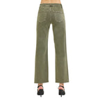 Model shown from the back wearing Fashiongo Tummy Control Mid Rise Ankle Straight Raw Hew Pants in olive green with black heeled sandals against a white background.