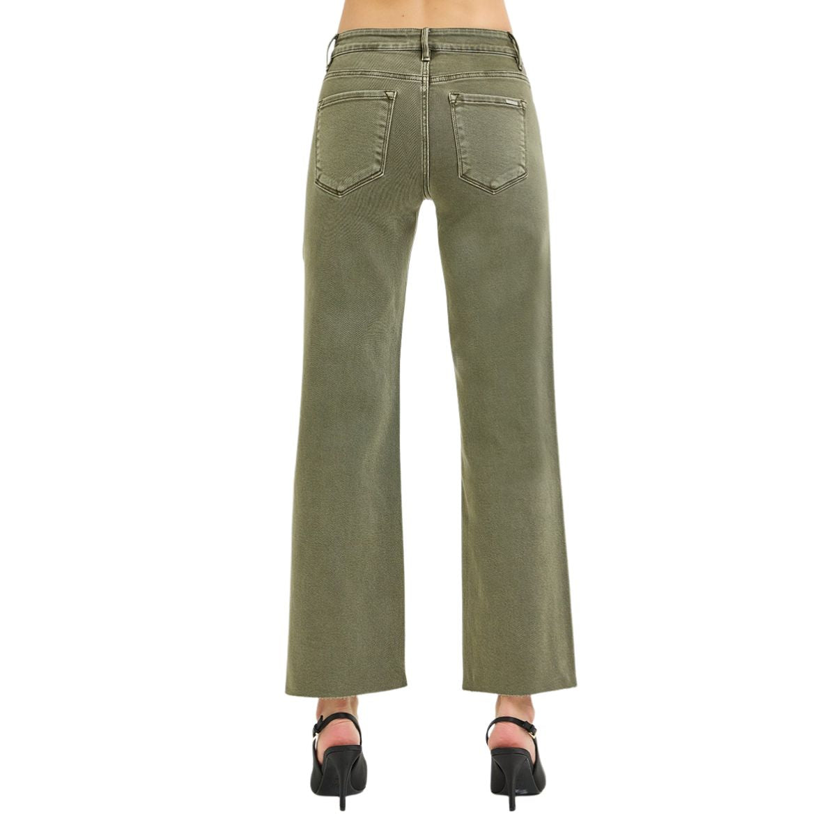 Model shown from the back wearing Fashiongo Tummy Control Mid Rise Ankle Straight Raw Hew Pants in olive green with black heeled sandals against a white background.