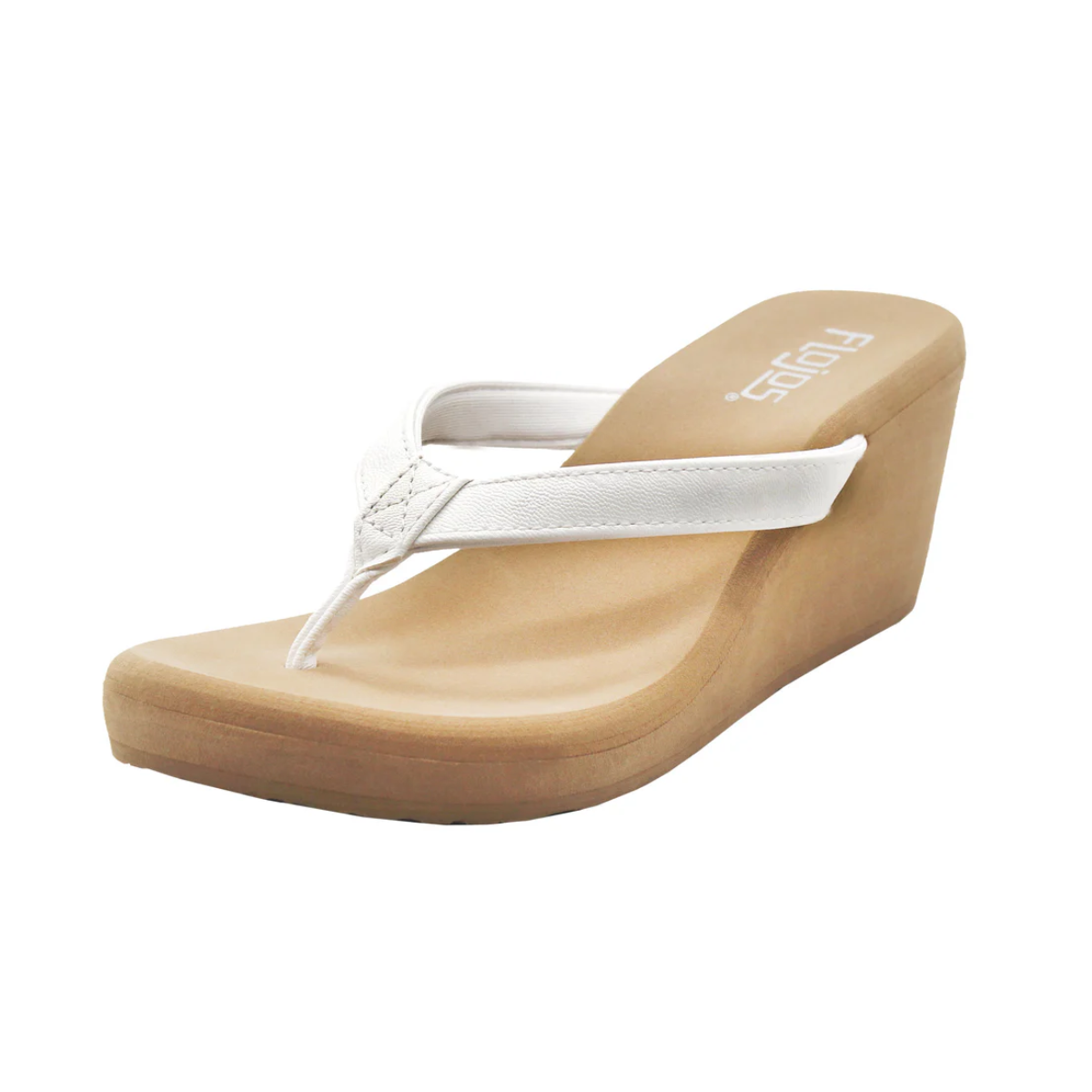 The FLOJOS Olivia Wedge Flip Flop in White is a women's sandal with a tan platform sole, cushioned footbed, and white thong strap.
