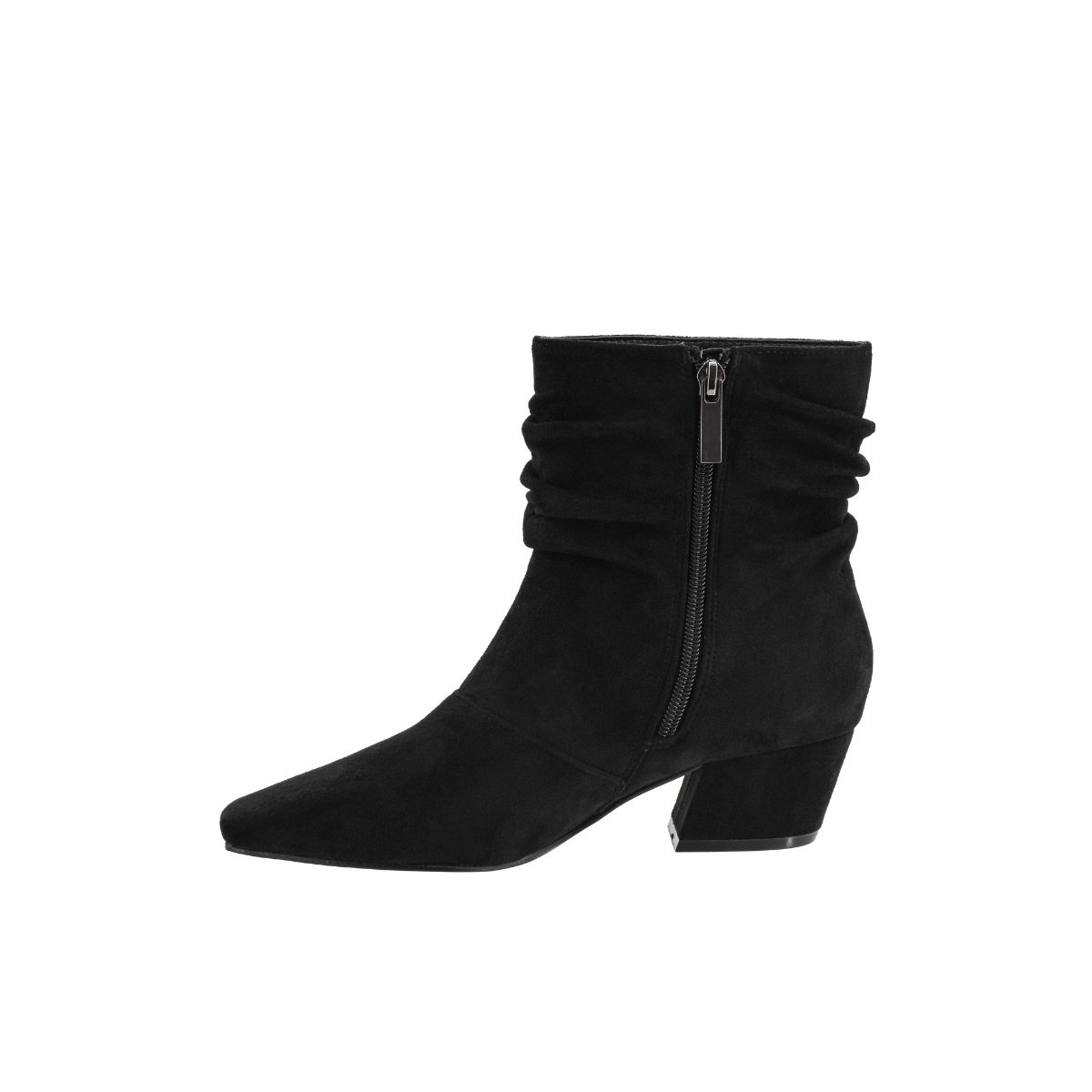 The Addicted Faux Suede Low Heel Slouch Ankle Boot by CORKY'S FOOTWEAR INC is a black ankle boot crafted from faux suede, featuring a pointed toe, low block heel, slouch shaft, and side zipper detail, displayed against a white background.