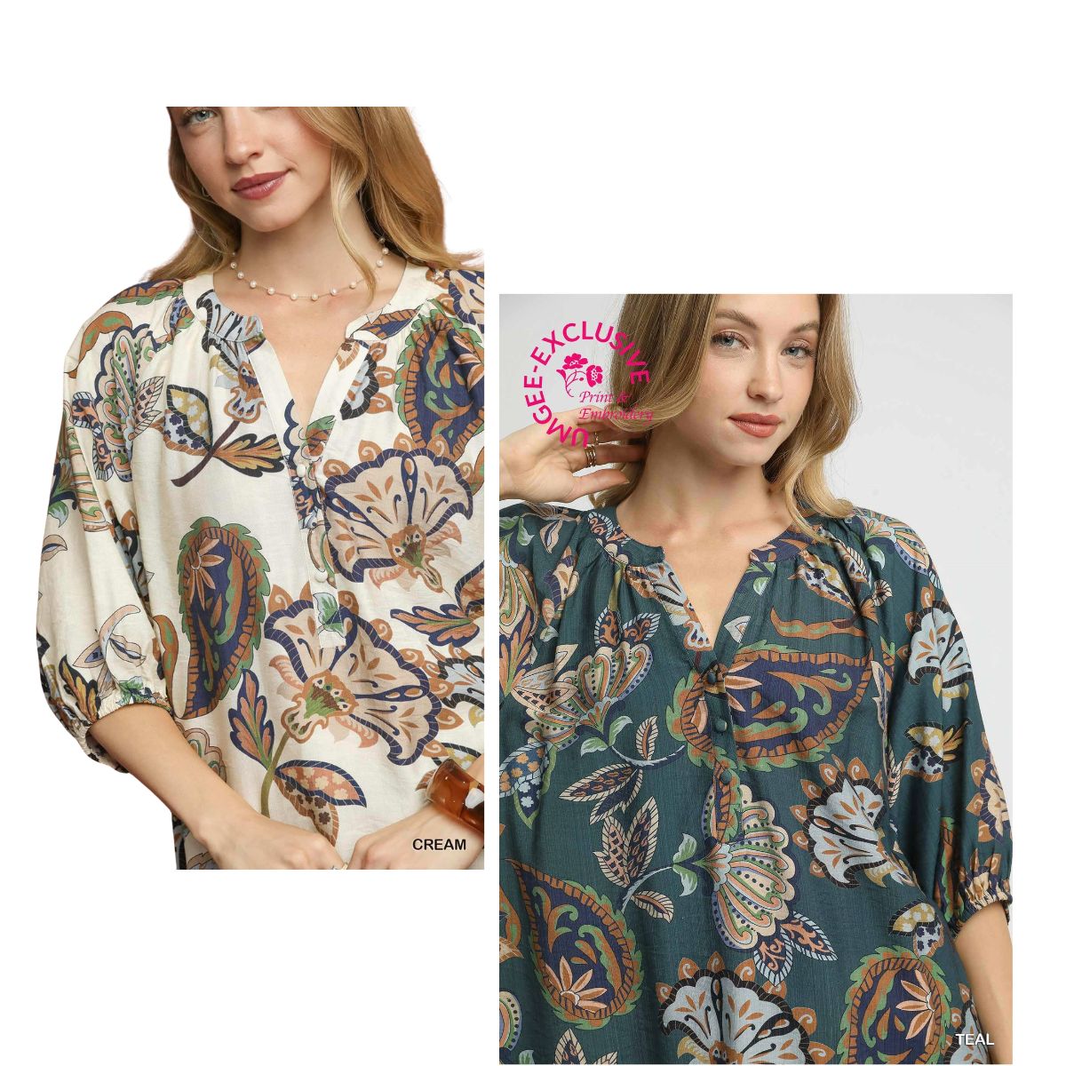 Two women model the Umgee Boho Paisley Puff Sleeve Blouse in two different colors—cream and teal—each showcasing a split neckline and three-quarter puff sleeves.