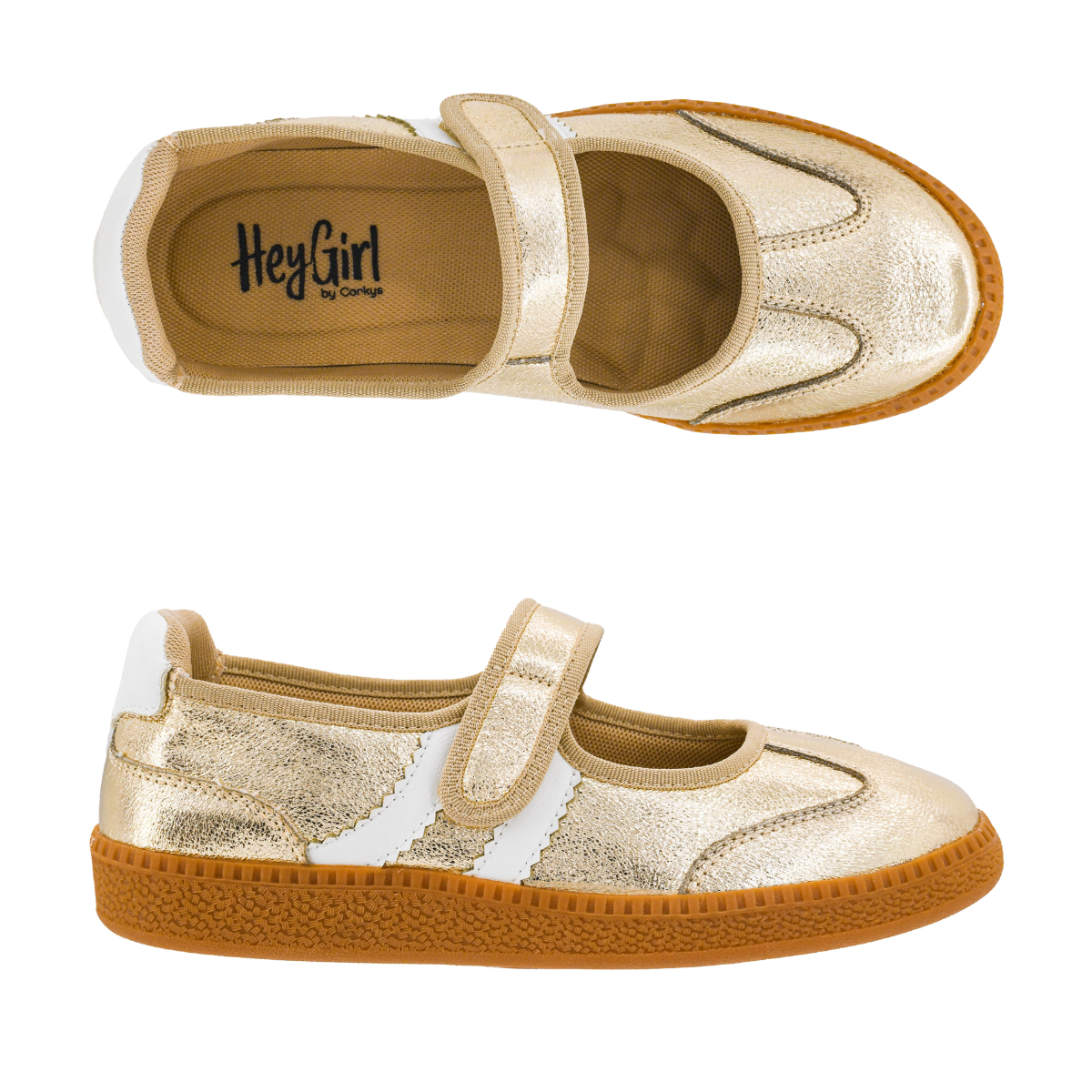 CORKY'S FOOTWEAR INC Corky’s Calm Down Gold Mary Jane Sneaker features a gold finish, brown sole, white accent stripe, and Velcro strap. Side and top views shown; “Hey Girl by Coryfae” printed on the insole for a stylish touch. Main image