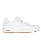 The Skechers Arch Fit Arcade White Sneaker - Meet Ya There by SKECHERS USA INC features a white canvas upper, white laces, thick sole, brown tread, and the Arch Fit logo on the midsole for enhanced arch support.