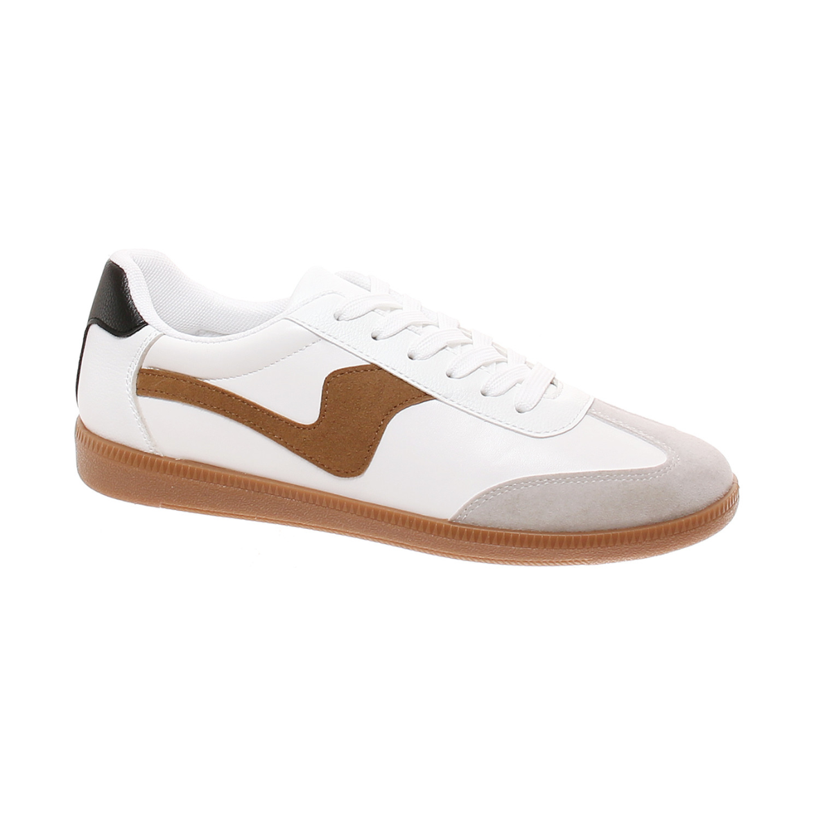 A white casual Great-1 Sneaker in White Combo by OLEM SHOE CORP with brown accents, gray toe cap, white laces, a gum sole, and a cushioned insole for extra comfort.