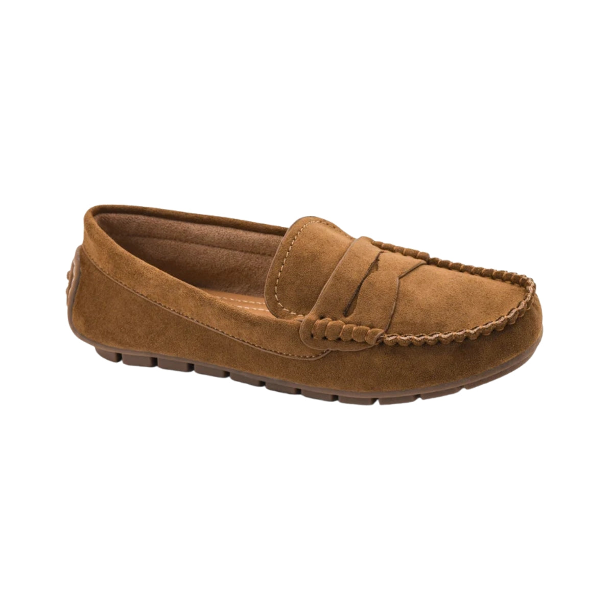 Women's camel faux suede penny loafer with stitched moc toe and classic slip-on design Main image