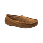 Women's camel faux suede penny loafer with stitched moc toe and classic slip-on design