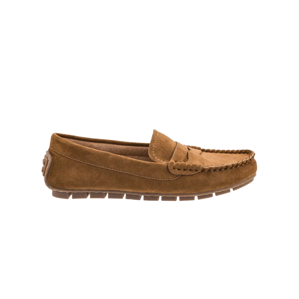 Introducing the “Penny for Your Thoughts” loafer by Flipflops & Whatnots: a camel faux suede moccasin-style penny loafer with visible stitching, a signature penny slot on the upper, and a durable rubber sole. Shown in profile against a white background, this shoe features a cushioned footbed for enhanced comfort.