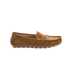 Introducing the “Penny for Your Thoughts” loafer by Flipflops & Whatnots: a camel faux suede moccasin-style penny loafer with visible stitching, a signature penny slot on the upper, and a durable rubber sole. Shown in profile against a white background, this shoe features a cushioned footbed for enhanced comfort.
