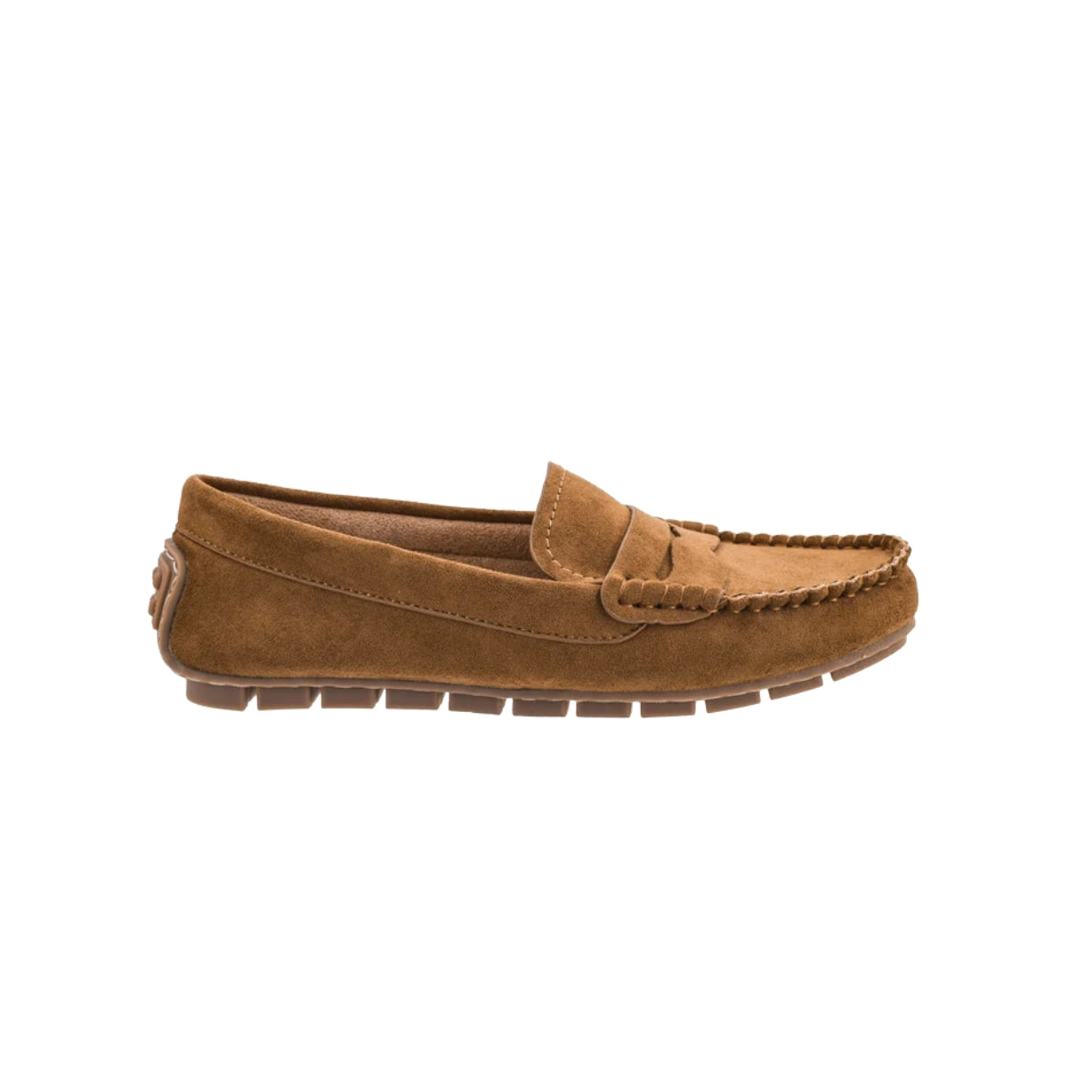 Introducing the “Penny for Your Thoughts” loafer by Flipflops & Whatnots: a camel faux suede moccasin-style penny loafer with visible stitching, a signature penny slot on the upper, and a durable rubber sole. Shown in profile against a white background, this shoe features a cushioned footbed for enhanced comfort.
