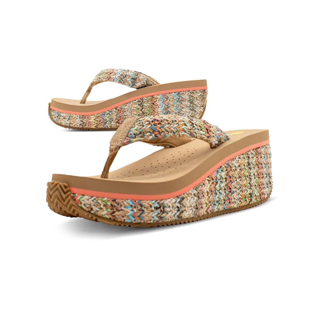The Island Wedge Rattan Flip Flop in Multi Natural by Volatile from PV Footwear features colorful woven raffia straps and platform wedge soles with a matching pattern. Main image