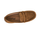 Top view of the “Penny for Your Thoughts” camel faux suede loafer by Flipflops & Whatnots, featuring visible stitching, a cushioned footbed, and the brand logo on the insole.