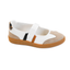 The Calm Down Mary Jane Sneaker by CORKY'S FOOTWEAR INC features a white and beige design with a tan rubber sole, black and orange accents, Corky’s footbed for comfort, and a chic leopard print detail on the heel.