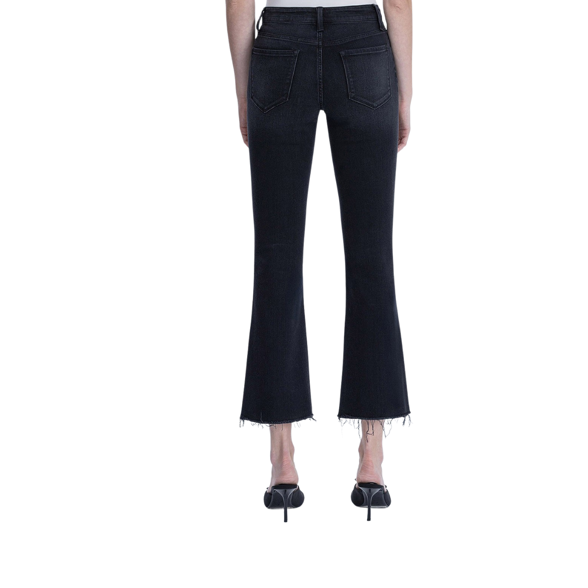 Model wears FASHION GO High Rise Raw Hem Ankle Bootcut Jeans - Black with black high heels, shown from the back against a white background.