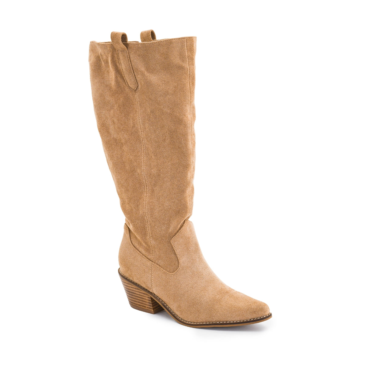 The City Slicker Faux Suede Tall Boot by CORKY’S FOOTWEAR features a tan sand faux suede upper, knee-high western silhouette, low stacked heel, pointed toe, and convenient pull tabs at the top. This cowgirl boot is shown against a white background.