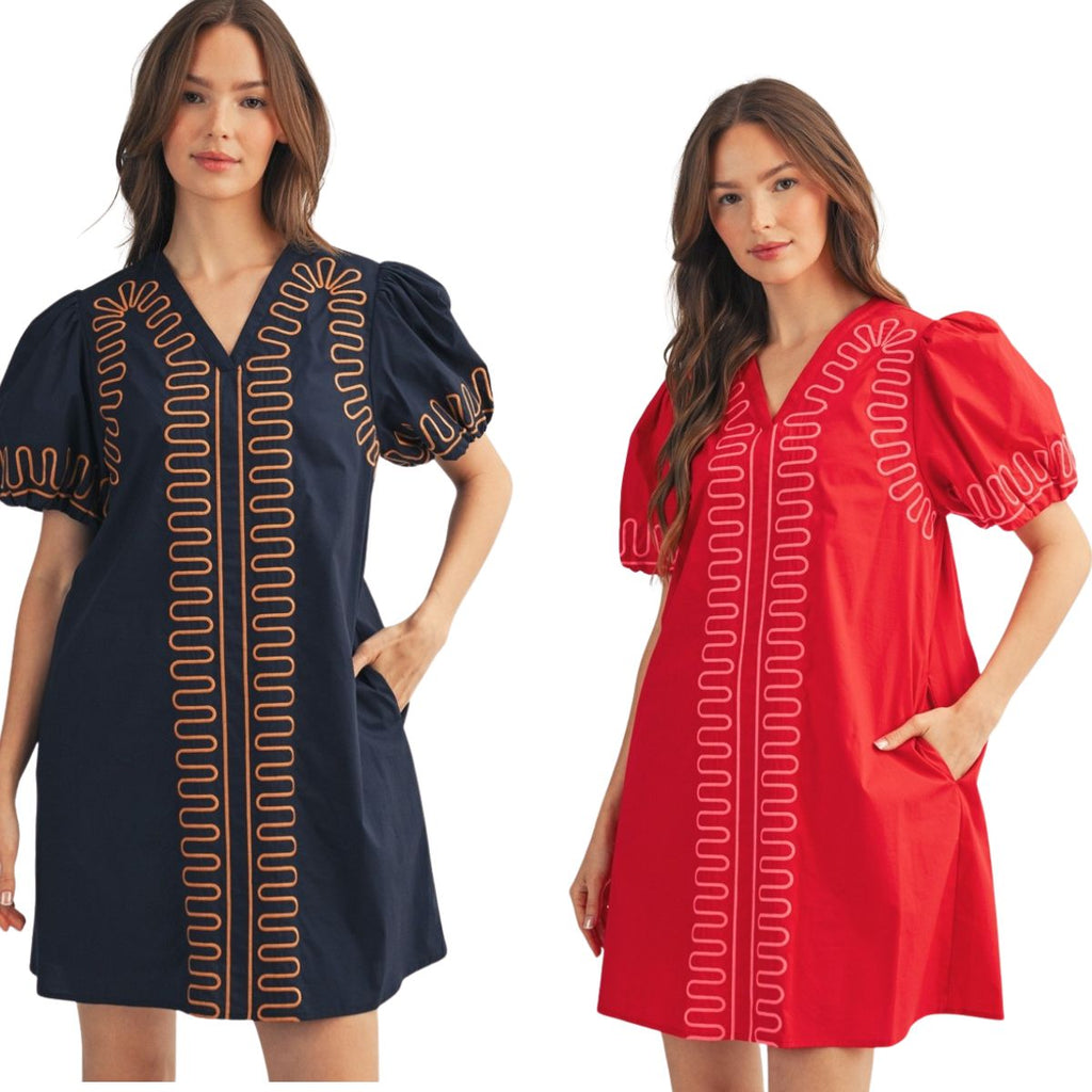 Women’s embroidered cotton shift dress with short puff sleeves and side pockets