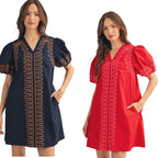 Women’s embroidered cotton shift dress with short puff sleeves and side pockets