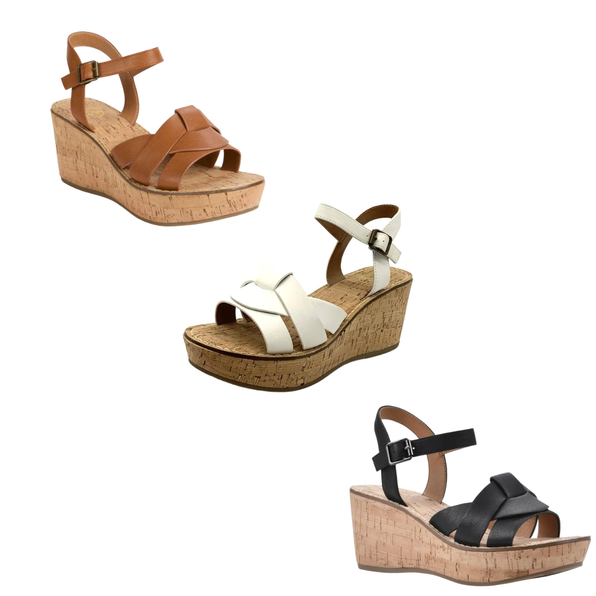 Three pairs of White Mountain Simple Wedges with cork soles and ankle straps in brown, white, and black are displayed on a white background.